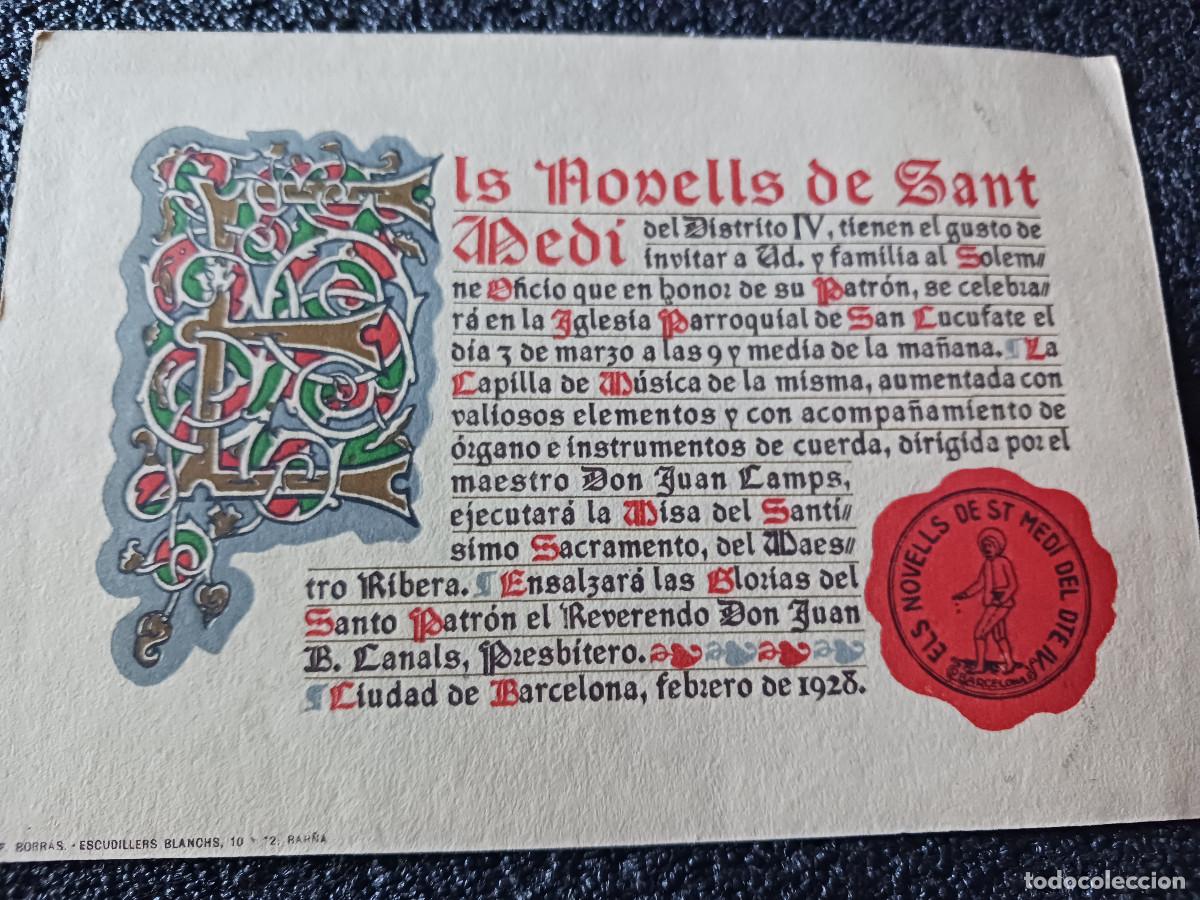 Documentos antiguos: INVITACION A LA MISA IGLESIA DE SAN CUCUFATE, ELS NOVELLS DE SANT MEDI 1928