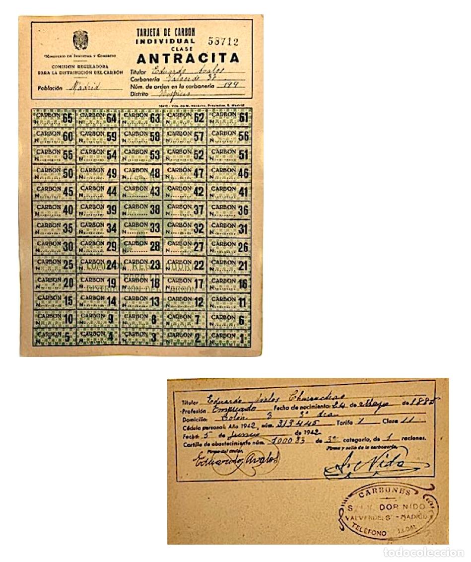 Documentos antiguos: Antracita. Cartilla de Racionamiento 1942. Madrid. (Carbones. Postguerra Civil