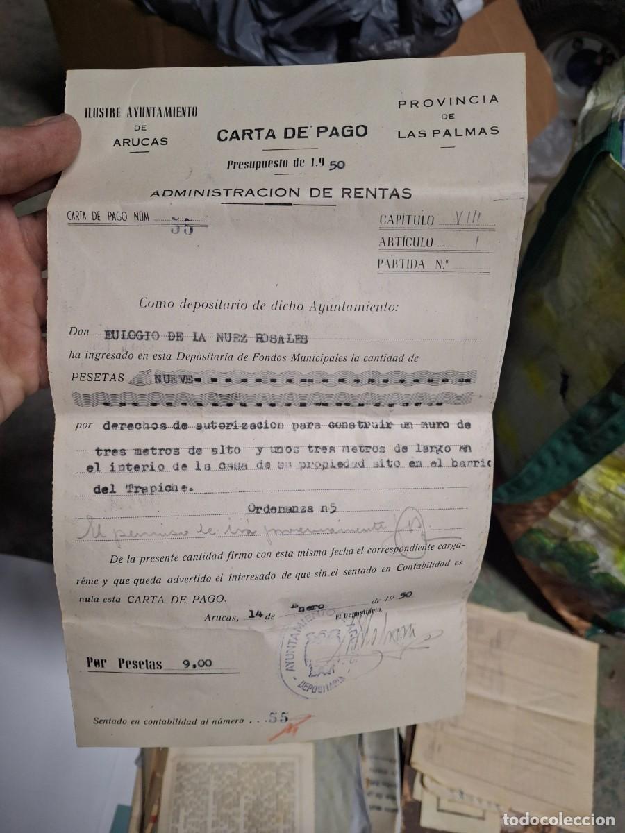 Documentos antiguos: Antiguo documento carta pago administracion rentas Arucas Trapiche Las Palmas Tasas 1950