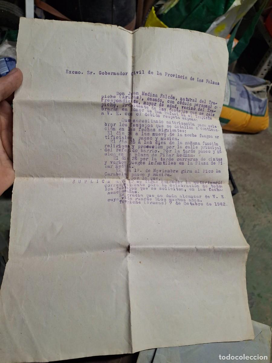 Documentos antiguos: Antigua carta documento a Gobernador Civil Las Palmas Fiestas Trapiche 1942