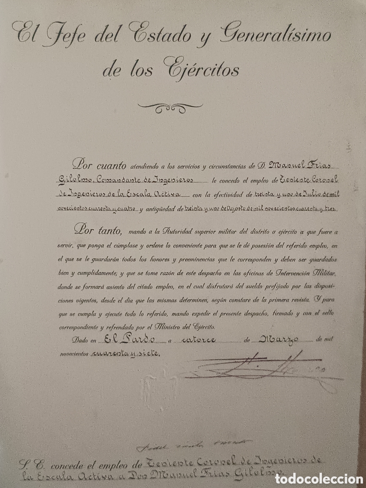 Documentos antiguos: CONCESI&Oacute;N EMPLEO TENIENTE CORONEL INGENIEROS MANUEL FR&Iacute;AS FIRMA ESTAMPILLADA FRANCO EL PARDO1947