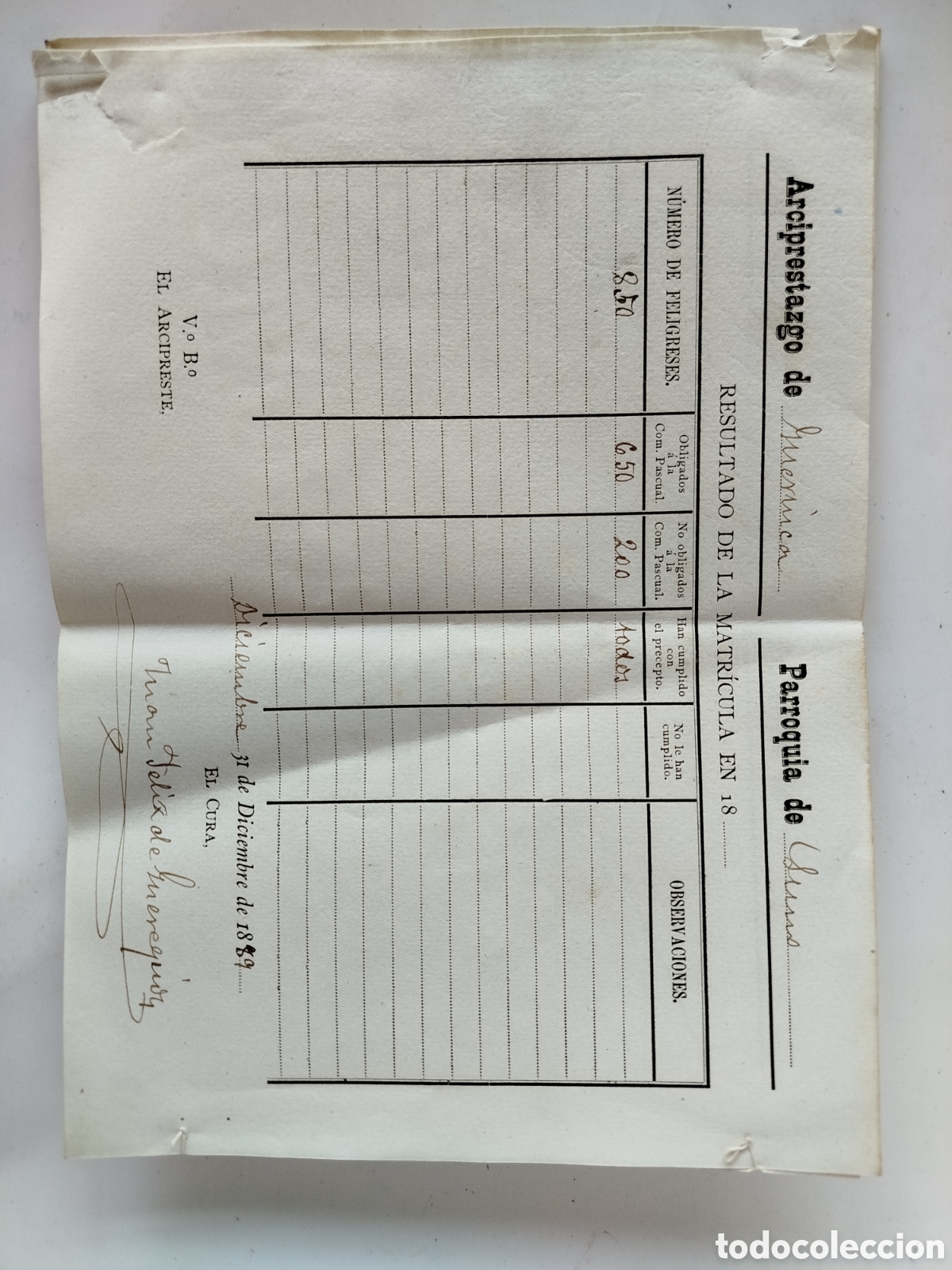 Documentos antiguos: PARROQUIA DE LUMO ARCIPRESTAZGO DE GUERNICA. DATOS DE 1889