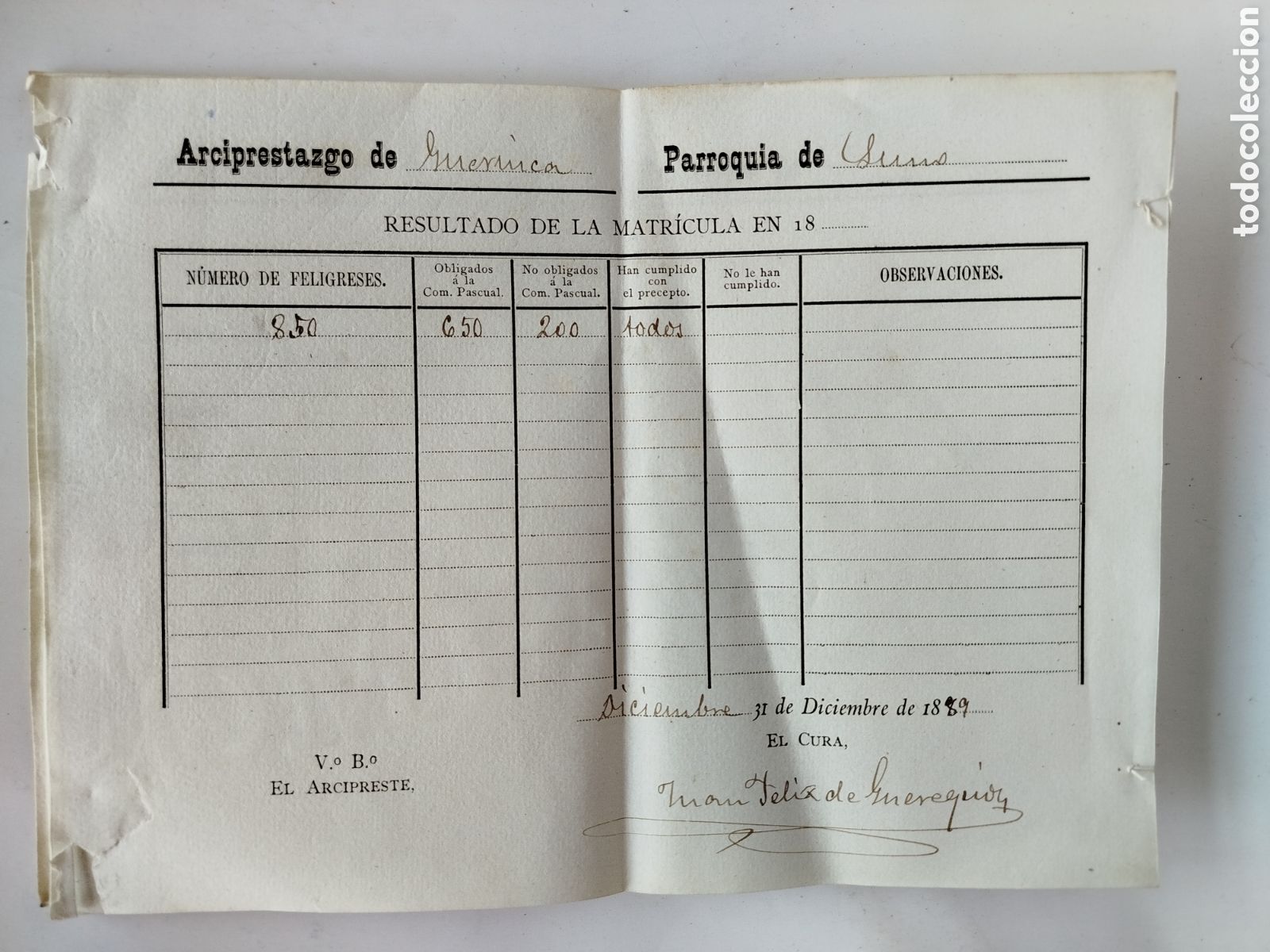 Documentos antiguos: PARROQUIA DE LUMO ARCIPRESTAZGO DE GUERNICA. DATOS DE 1889