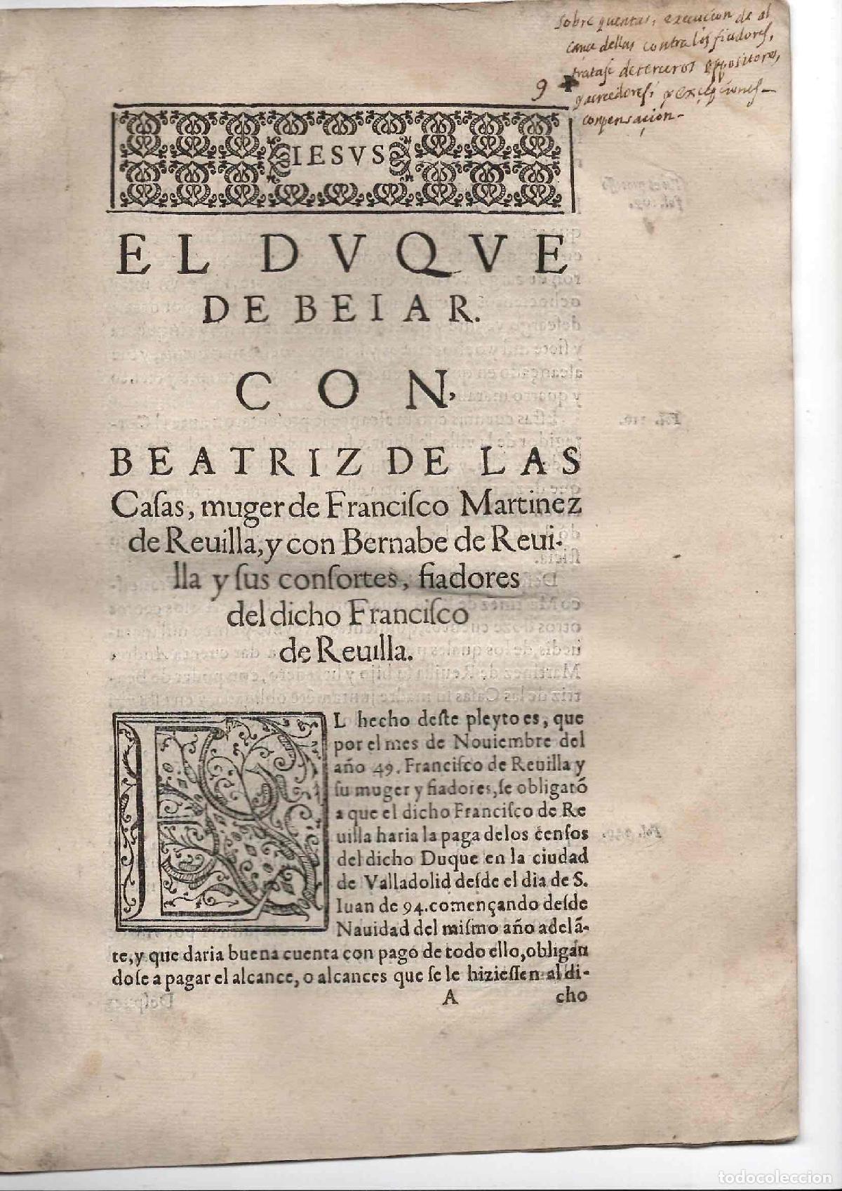 Documentos antiguos: PLIEGO JURIDICO, PORCON, DUQUE DE BEJAR CONTRA BEATRIZ DE LAS CASAS, SOBRE PAGO DE CENSOS. S. XVIII