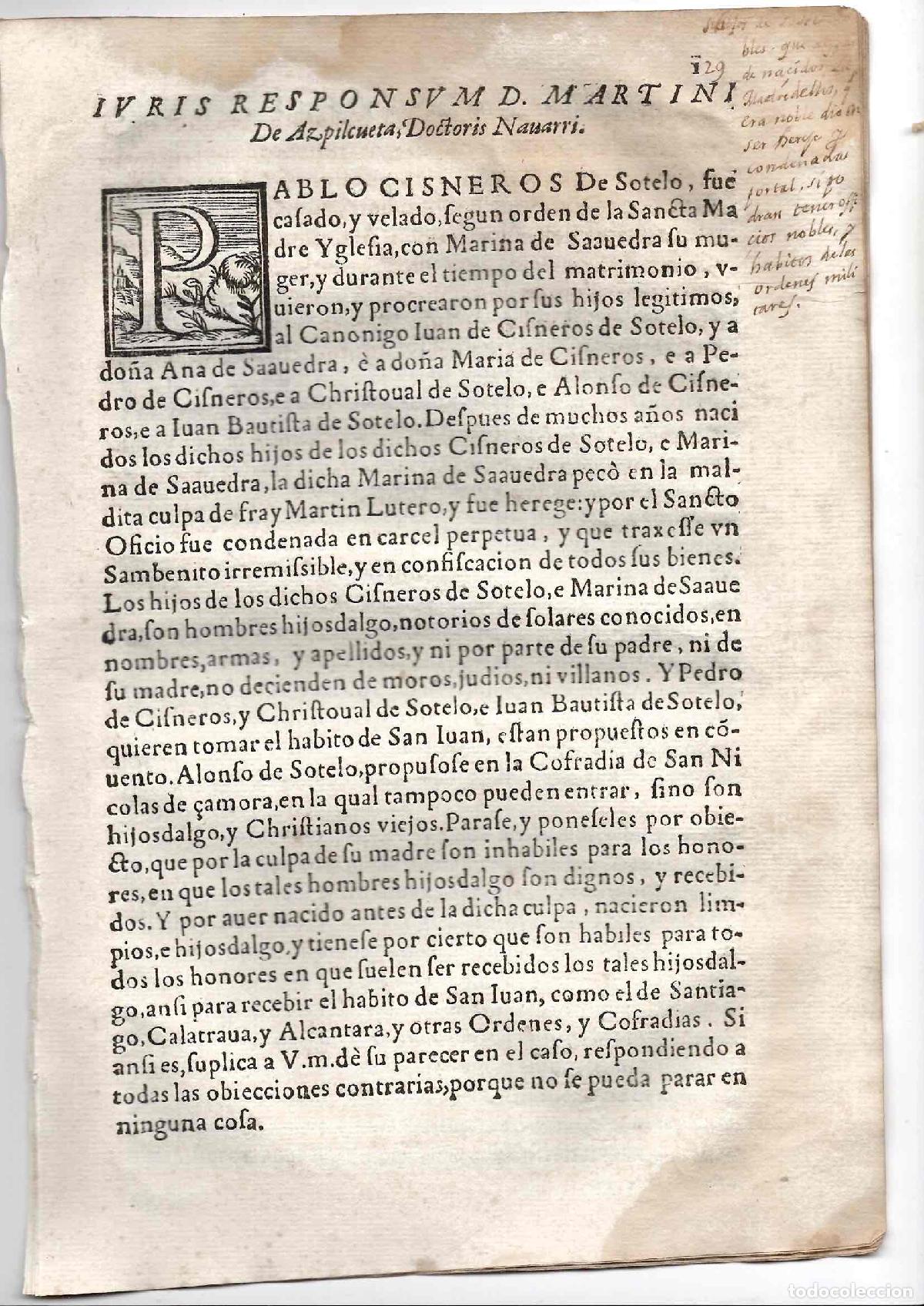 Documentos antiguos: DICTAMEN SOBRE LIMPIEZA DE SANGRE DE MUJER ZAMORANA ACUSADA DE HEREJIA, PROTESTANTISMO. CURIOSIDAD