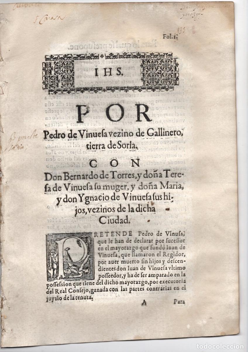 Documentos antiguos: PORCON, PLEITO DE TENUTA DE MAYORAZGO DE VECINO DE GALLINERO, SORIA. SIGLO XVIII