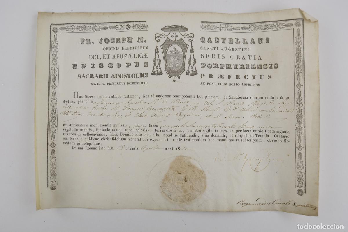 Documentos antiguos: Authentica, documento de autenticidad eclesi&aacute;stico, 1850, certificado de veracidad de reliquias.