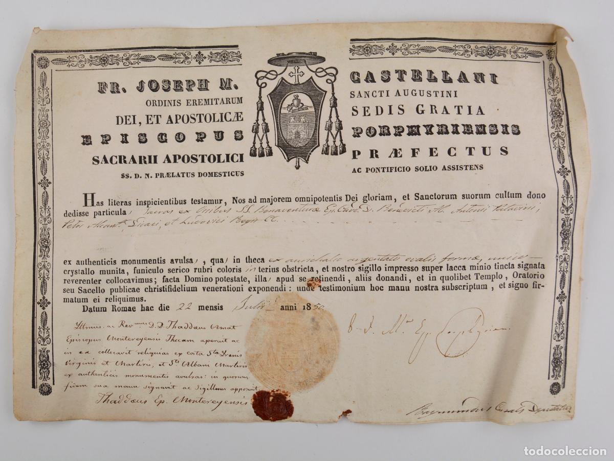 Documentos antiguos: Authentica, documento de autenticidad eclesi&aacute;stico, 1850, certificado de veracidad de reliquias.
