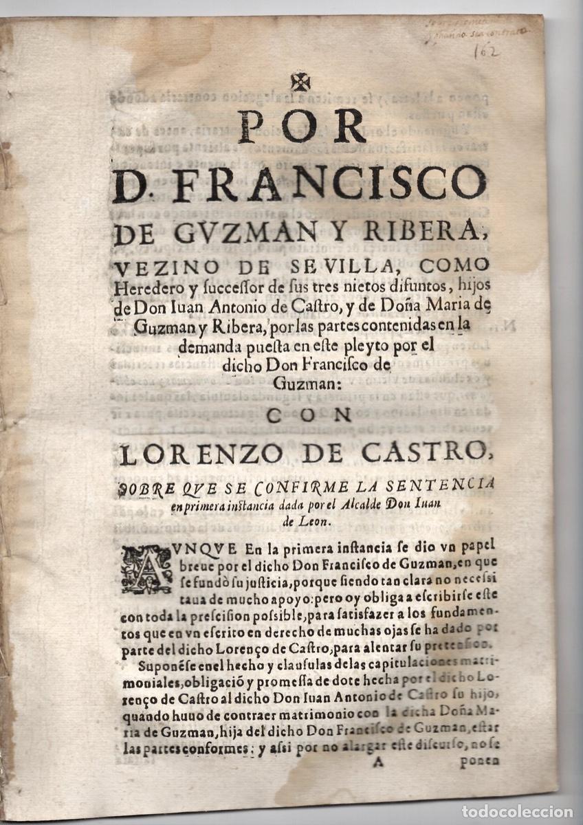 Documentos antiguos: PORCON, FRANCISCO DE GUZMAN, VECINO DE SEVILLA CONTRA LORENZO DE CASTRO SOBRE DERECHOS HEREDITARIOS