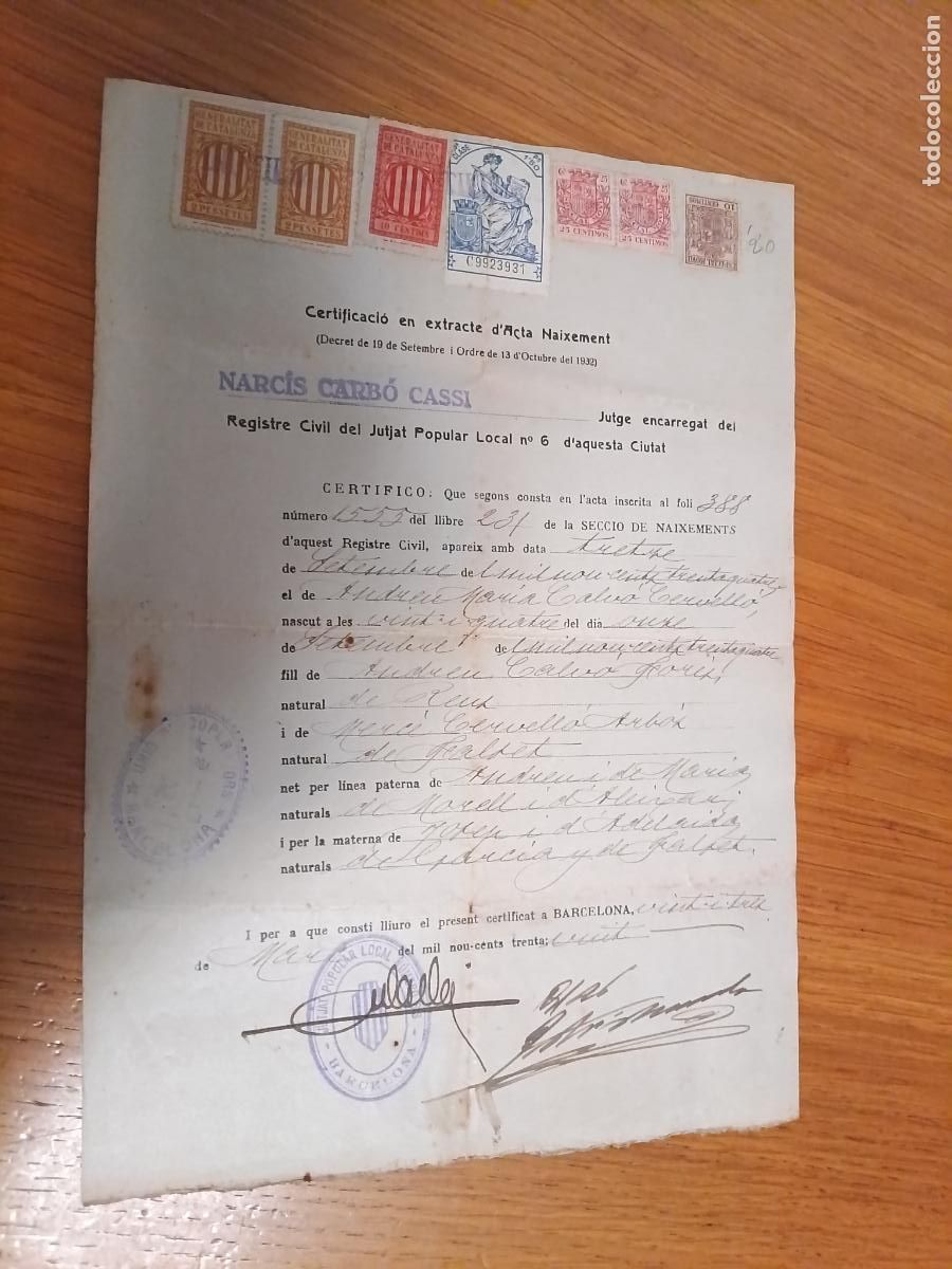 Documentos antiguos: DOCUMENTO, CERTIFICACION II REPUBLICA. SELLOS GENERALITAT DE CATALUNYA. 2 PESSETES y 10 CENTIMS