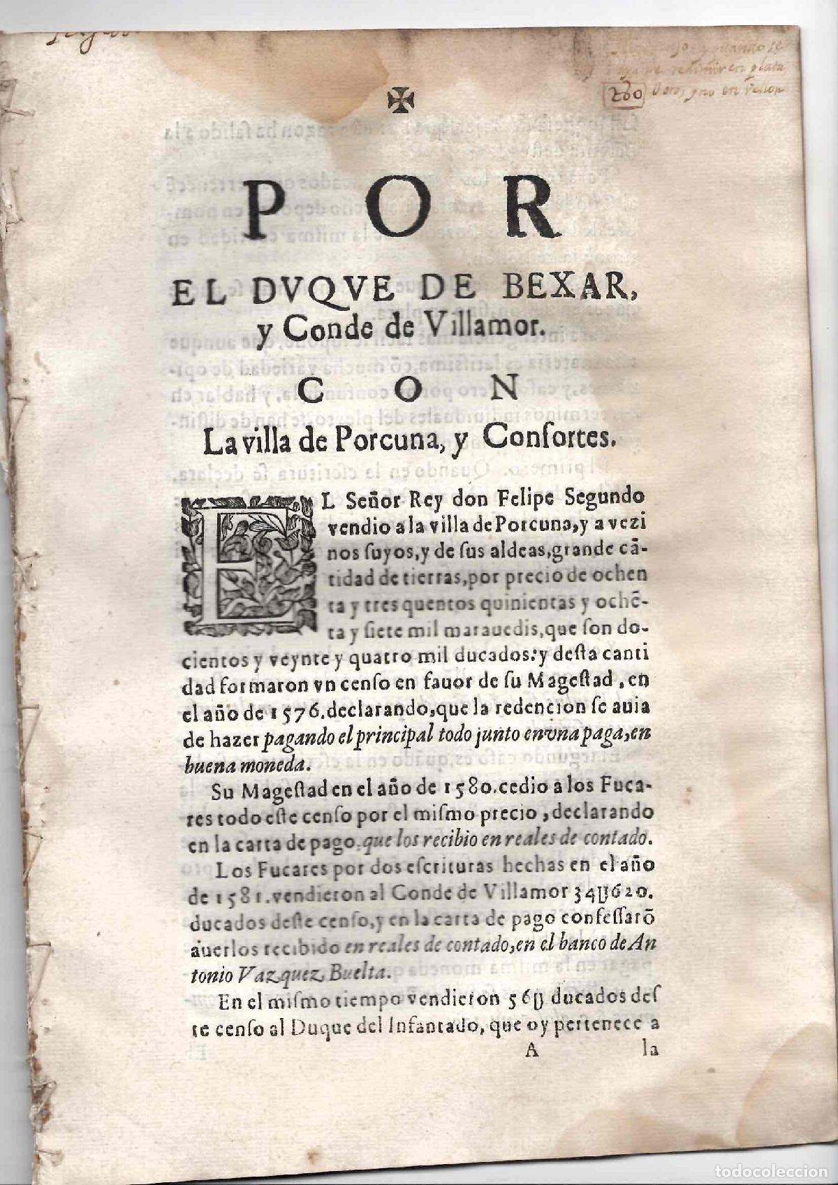 Documentos antiguos: PORCON DUQUE DE BEJAR Y CONDE DE VILLAMOR CONTRA LA VILLA DE PORCUNA, JAEN. SIGLO XVII