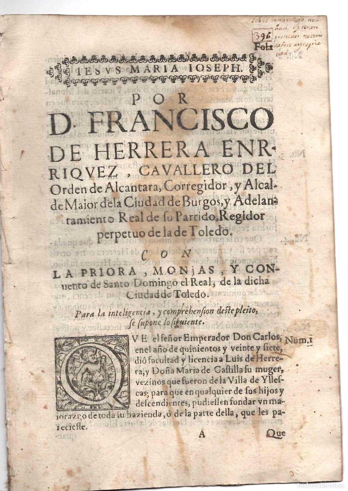 Documentos antiguos: PORCON FRANCISCO DE HERRERA, CORREGIDOR DE BURGOS CONTRA LA PRIORA CONVENTO STO DOMINGO LA REAL