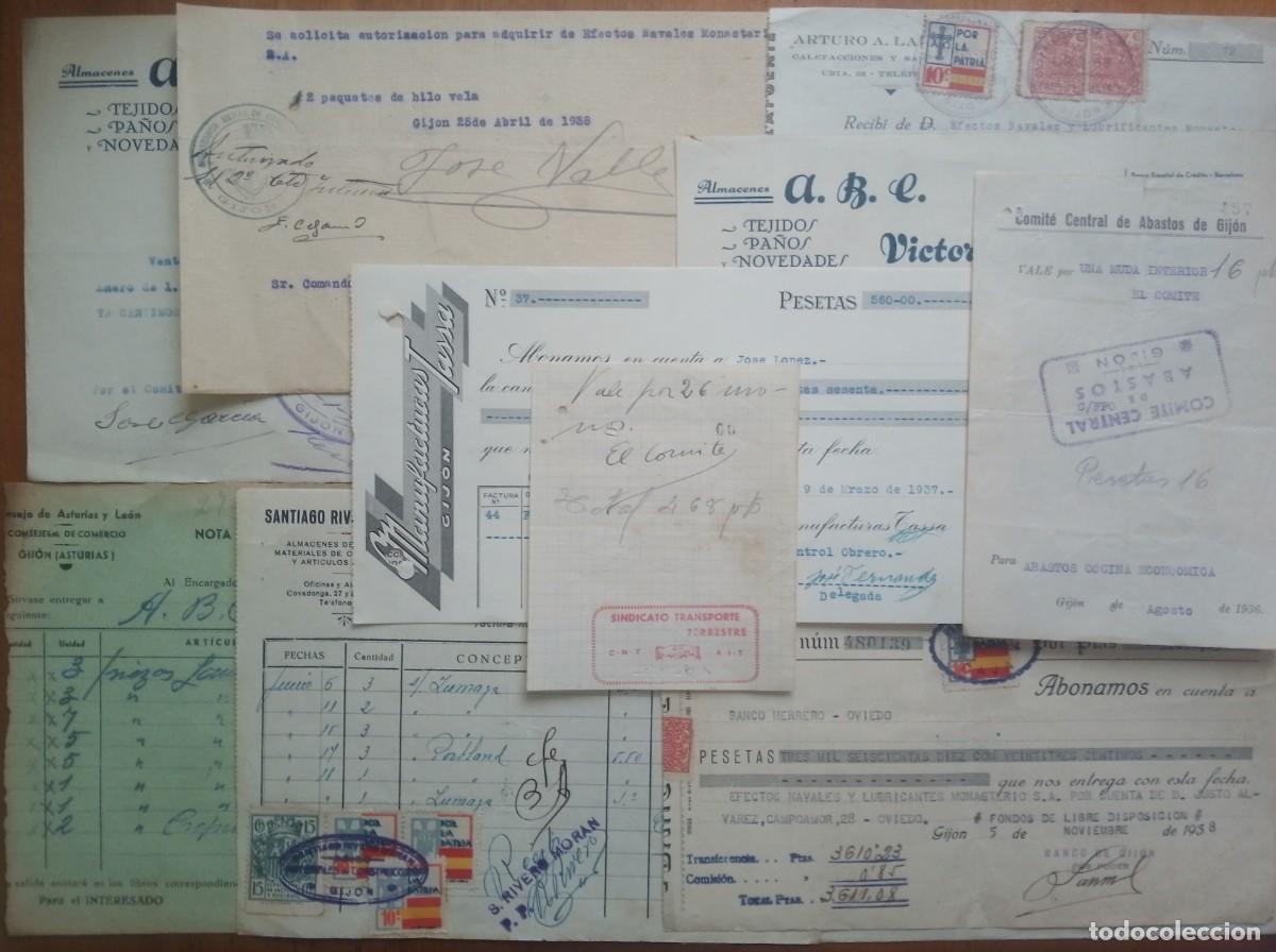 Documentos antiguos: ASTURIAS. Lote 10 documentos de la guerra civil en Gij&oacute;n: vales, facturas, recibos ... 1936-1938