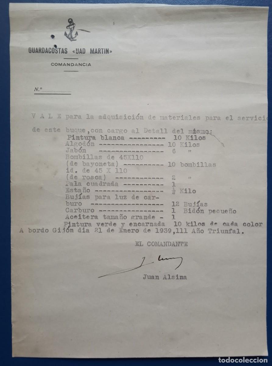 Documentos antiguos: ASTURIAS. Vale del guardacostas UAD MARTIN. Comandancia de Gij&oacute;n. 1939. Guerra civil