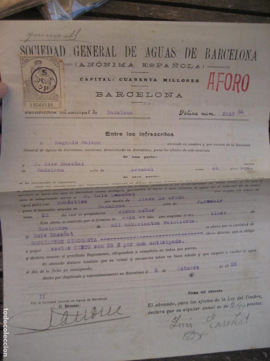 Documentos antiguos: Poliza Sociedad general de aguas de barcelona . Abono Badalona 1925