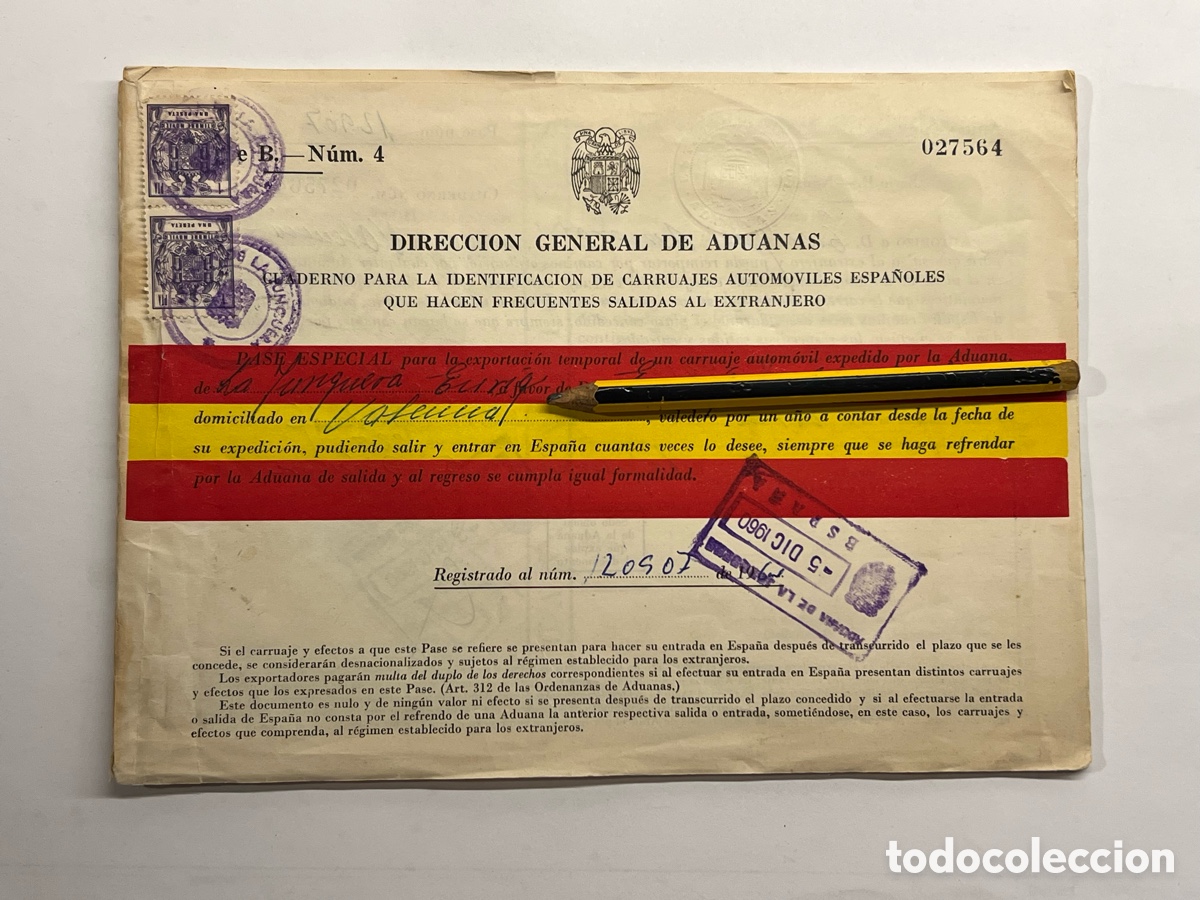 Documentos antiguos: DIRECCION GENERAL DE ADUANAS CUADERNO PARA LA IDENTIFICACION DE CARRUAJES AUTOMOVILES&hellip;