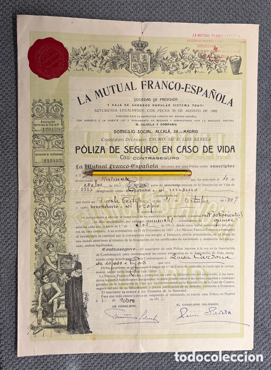 Documentos antiguos: LA MUTUAL FRANCO ESPA&Ntilde;OLA POLIZA SEGURO. Hermosa p&oacute;liza ilustrada con Lacrado (a.1915)