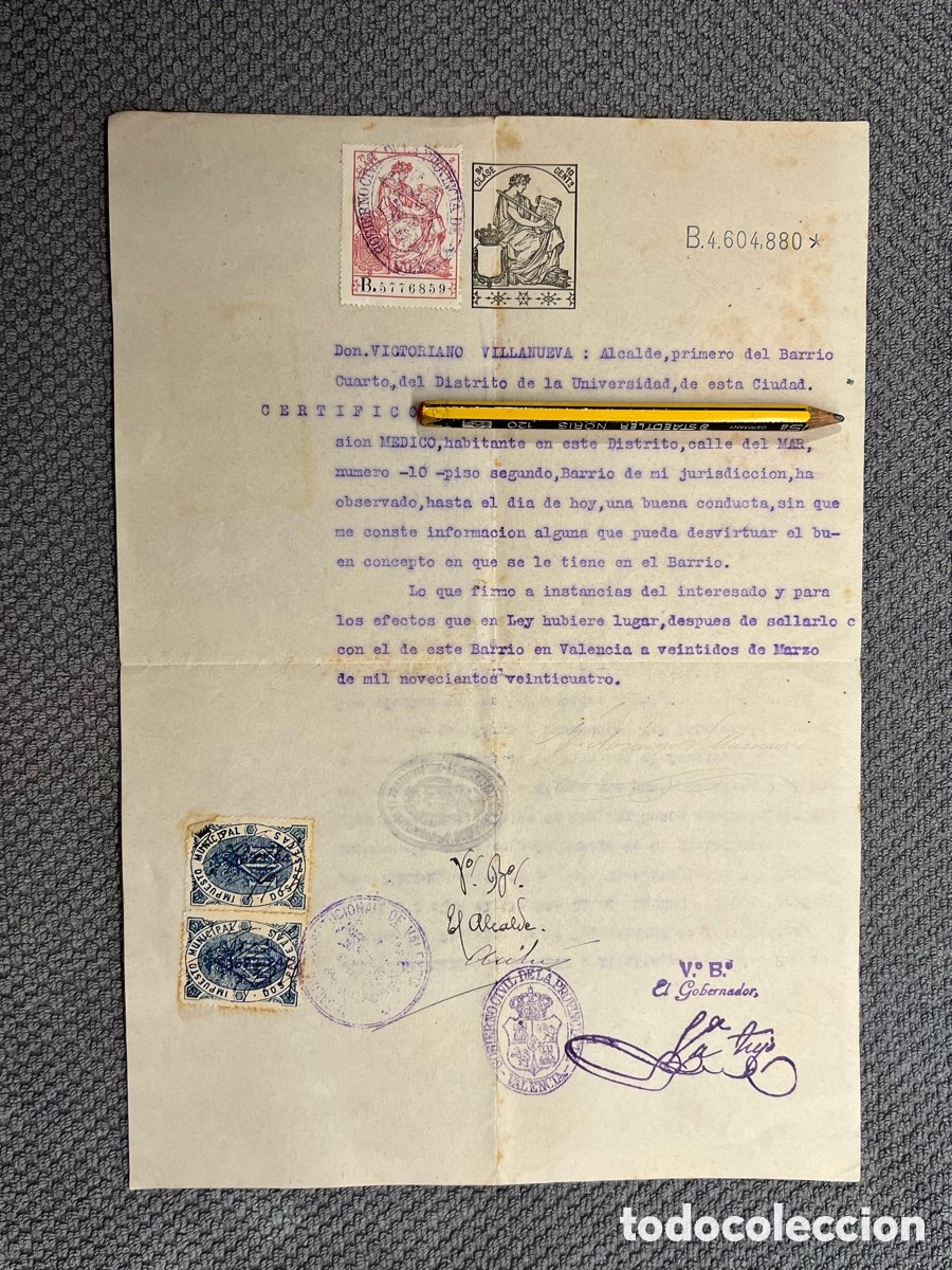 Documentos antiguos: VALENCIA Y sus alcaldes de Barrio la Espa&ntilde;a de la Restauraci&oacute;n. Certificado buena conducta (a.1924)