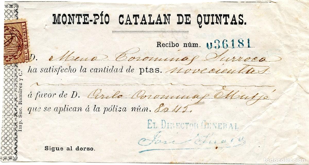Documentos antiguos: Recibo del &rdquo;Montep&iacute;o Catal&aacute;n de Quintas&rdquo; n&ordm; 036181 Sabadell, diciembre de 1887