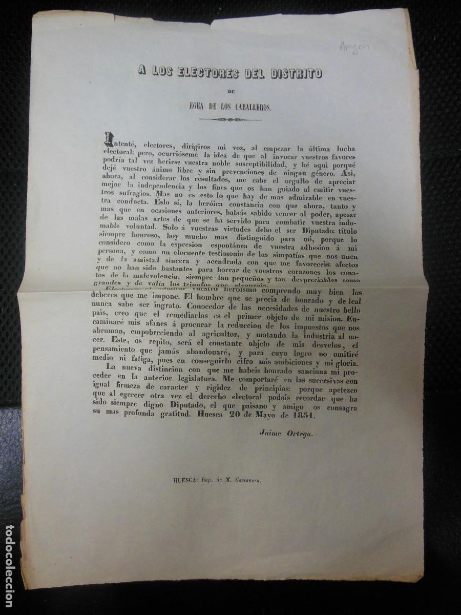 Documentos antiguos: 1851 DOCUMENTO ELECCIONES ARAGON ZARAGOZA EGEA DE LOS CABALLEROS HUESCA GENERAL JAIME ORTEGA