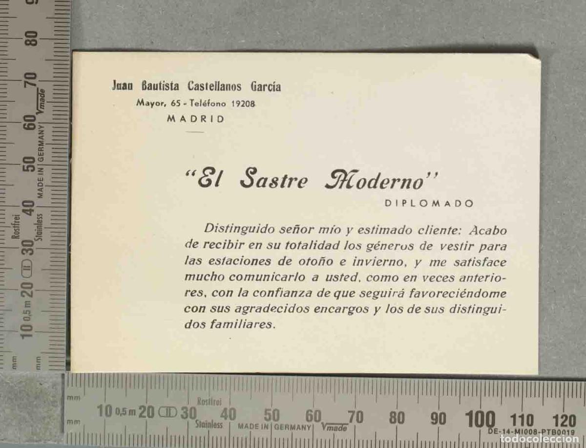 Documentos antiguos: TARJETA. Tarjeta comercial - El Sastre Moderno - Madrid Juan Bautista Castellanos Garc&iacute;a