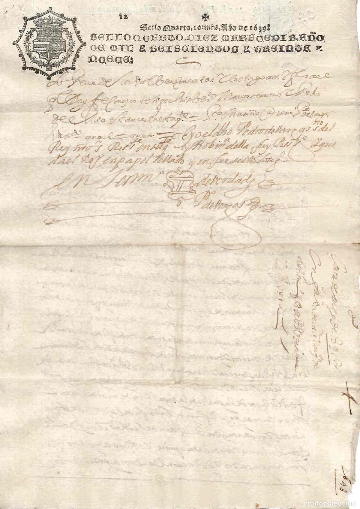 Documentos antiguos: HOJA DE PAPEL TIMBRADO CON SELLO CUARTO 10 MARAVEDIS, A&Ntilde;O 1639