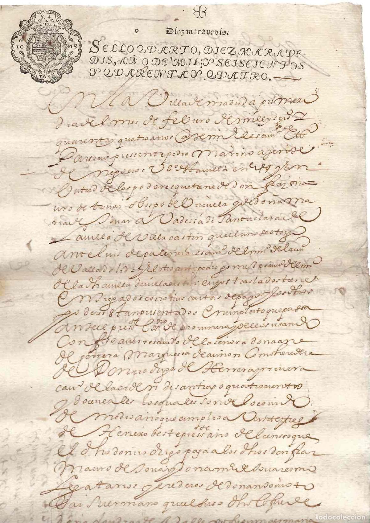 Documentos antiguos: HOJA DE PAPEL TIMBRADO CON SELLO CUARTO 10 MARAVEDIS, A&Ntilde;O 1644