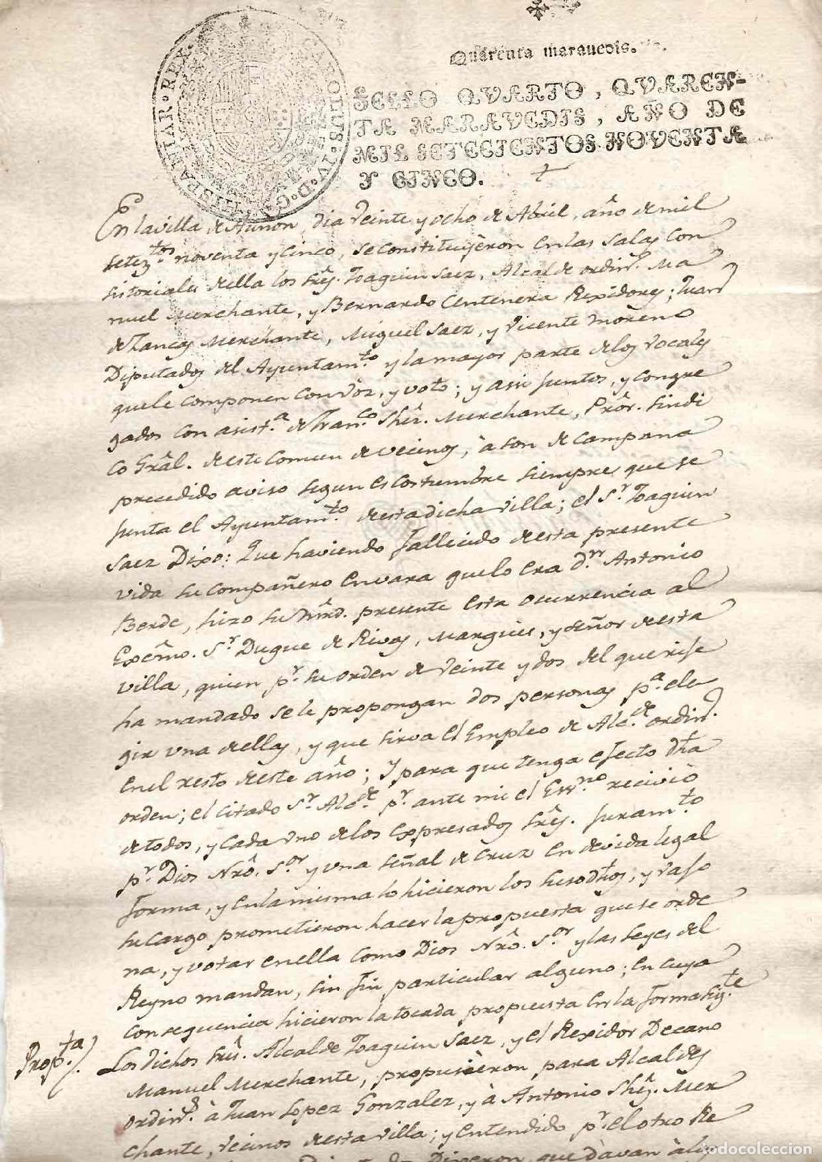 Documentos antiguos: HOJA DE PAPEL TIMBRADO CON SELLO CUARTO 40 MARAVEDIS, A&Ntilde;O 1795