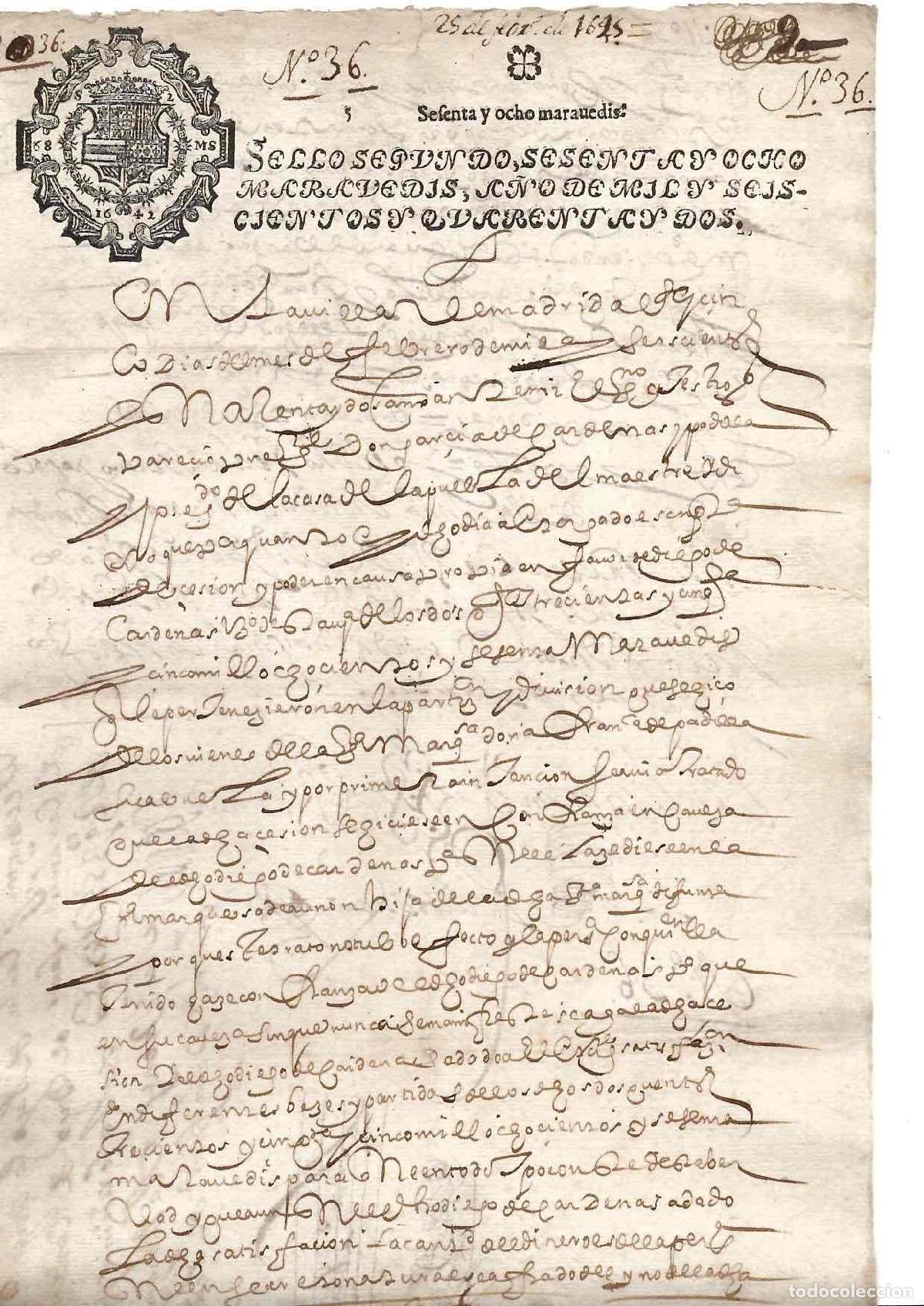 Documentos antiguos: HOJA DE PAPEL TIMBRADO CON SELLO SEGUNDO 68 MARAVEDIS, A&Ntilde;O 1642