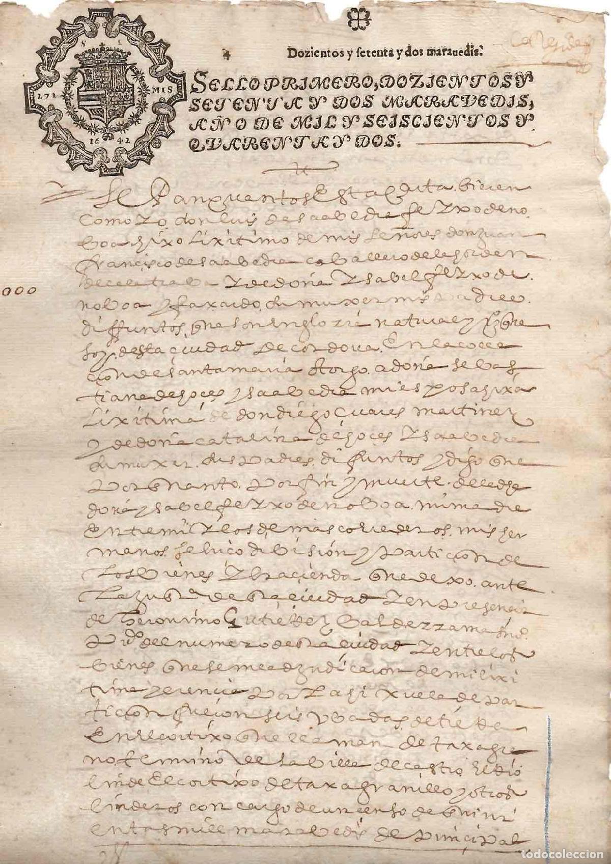 Documentos antiguos: HOJA DE PAPEL TIMBRADO CON SELLO PRIMERO 272 MARAVEDIS, A&Ntilde;O 1642