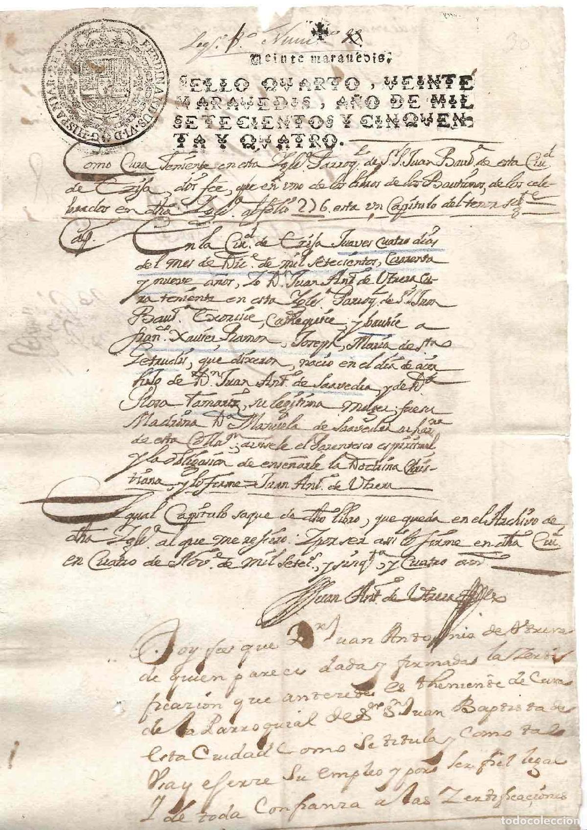 Documentos antiguos: CERTIFICADO BAUTISMO IGLESIA PARROQUIAL S. JUAN BAUTISTA, ECIJA. A&Ntilde;O 1754