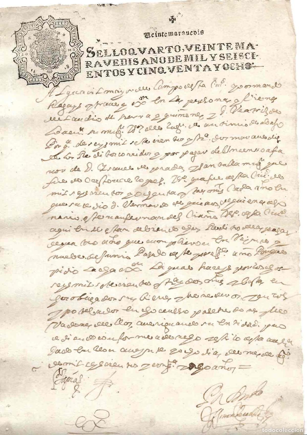 Documentos antiguos: HOJA DE PAPEL TIMBRADO CON SELLO CUARTO 20 MARAVEDIS, A&Ntilde;O 1658