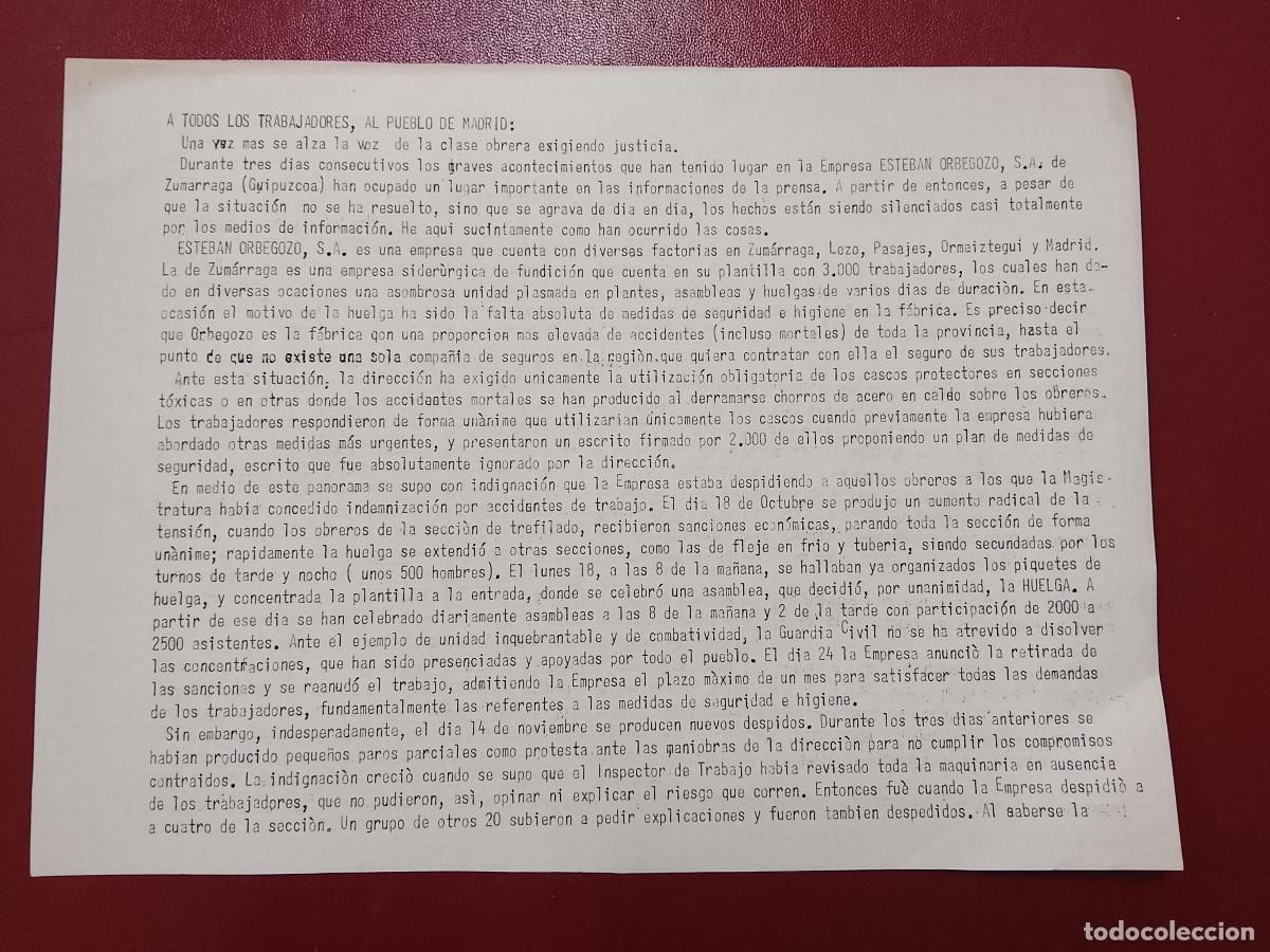 Documentos antiguos: A los trabajadores, al pueblo de Madrid. Comisi&oacute;n Delegada de las Comisiones Obreras de Madrid