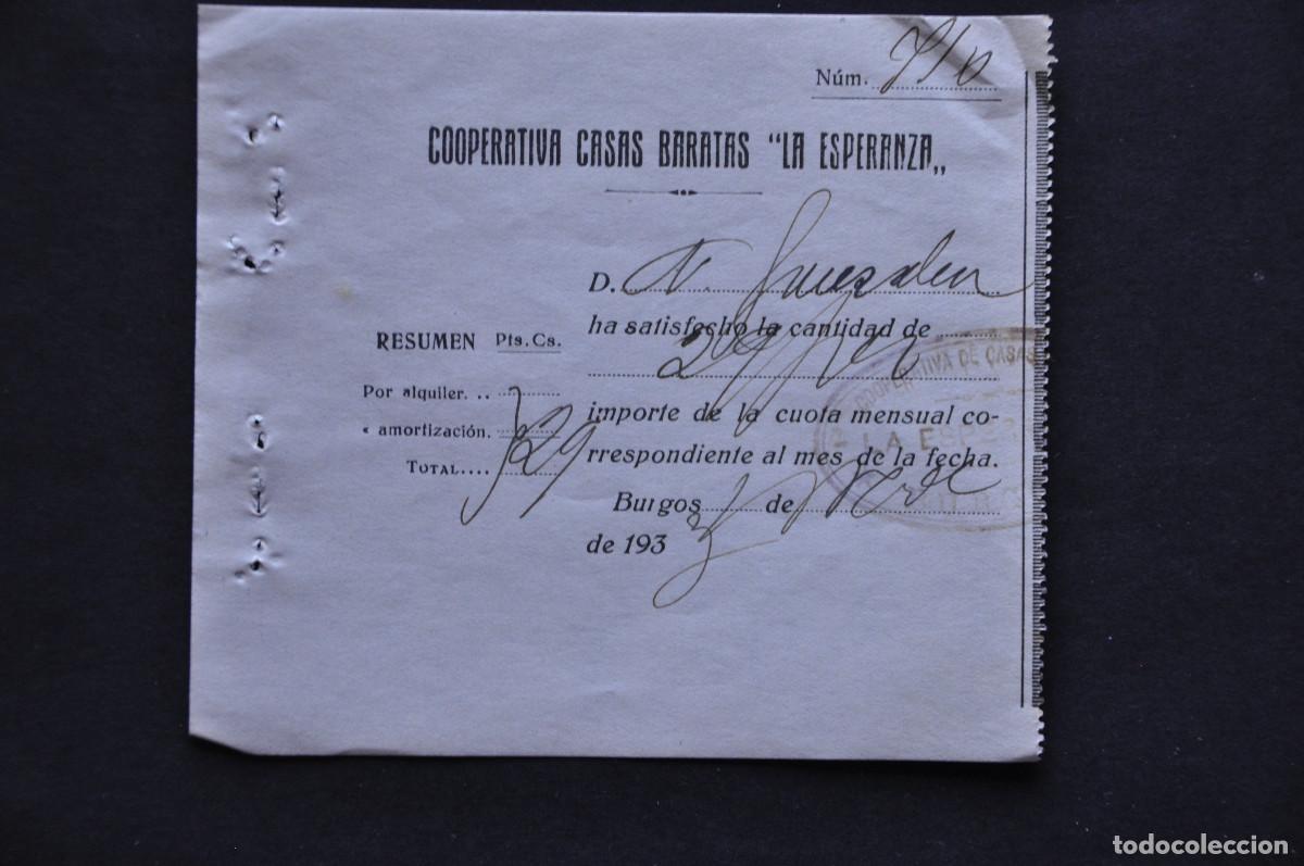 Documentos antiguos: RECIBO DE PAGO DEL A&Ntilde;O 1937 - COOPERATIVA CASAS BARATAS &rdquo;LA ESPERANZA&rdquo; (BURGOS)
