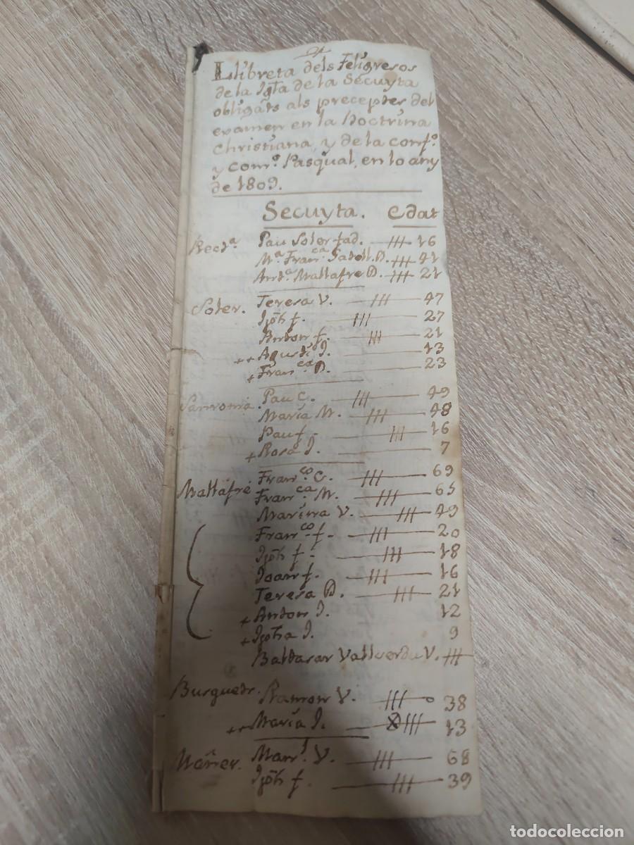 Documentos antiguos: Libreta manuscrita Secuita T&aacute;rragona iglesia para comuni&oacute;n 1809