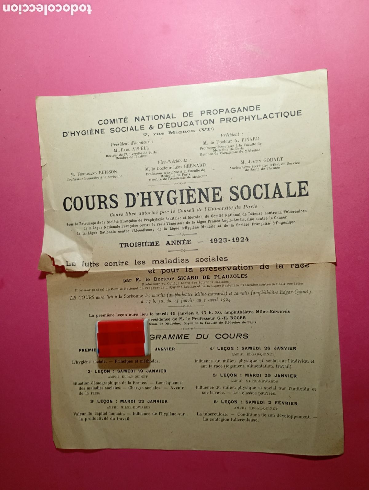 Documentos antiguos: Folleto Higiene Social 1923/24 Par&iacute;s Cours d&rsquo;Hygi&egrave;ne Sociale Paul Appell Adolphe Pinard - en franc&eacute;s