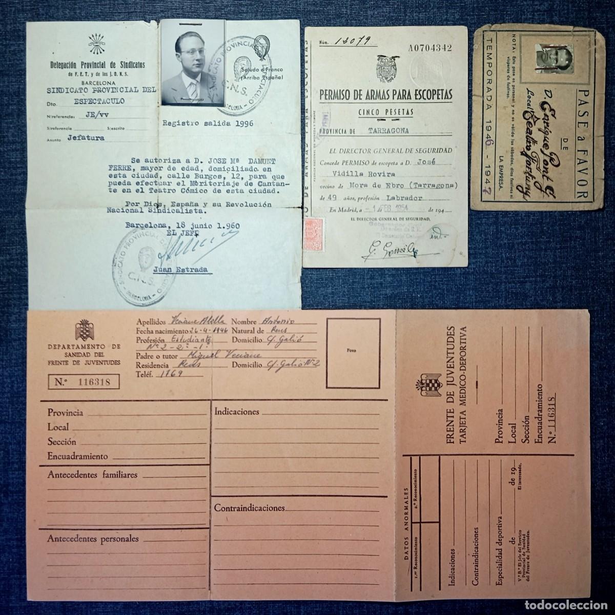 Documentos antiguos: ⚜️ &Ntilde;09X09. Lote Documentos Antiguos Franquismo Falange Juventudes Tarragona Reus Permiso Armas