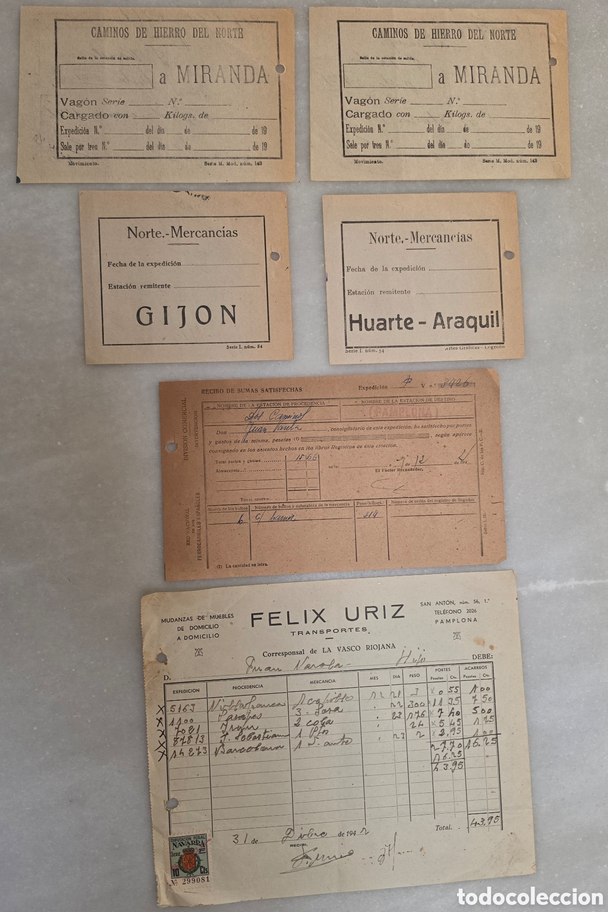 Documentos antiguos: CAMINOS DE HIERRO DEL NORTE. RED NACIONAL DE FERROCARRILES ESPA&Ntilde;OLES. LOTE PAPELES A&Ntilde;OS 30, 40.