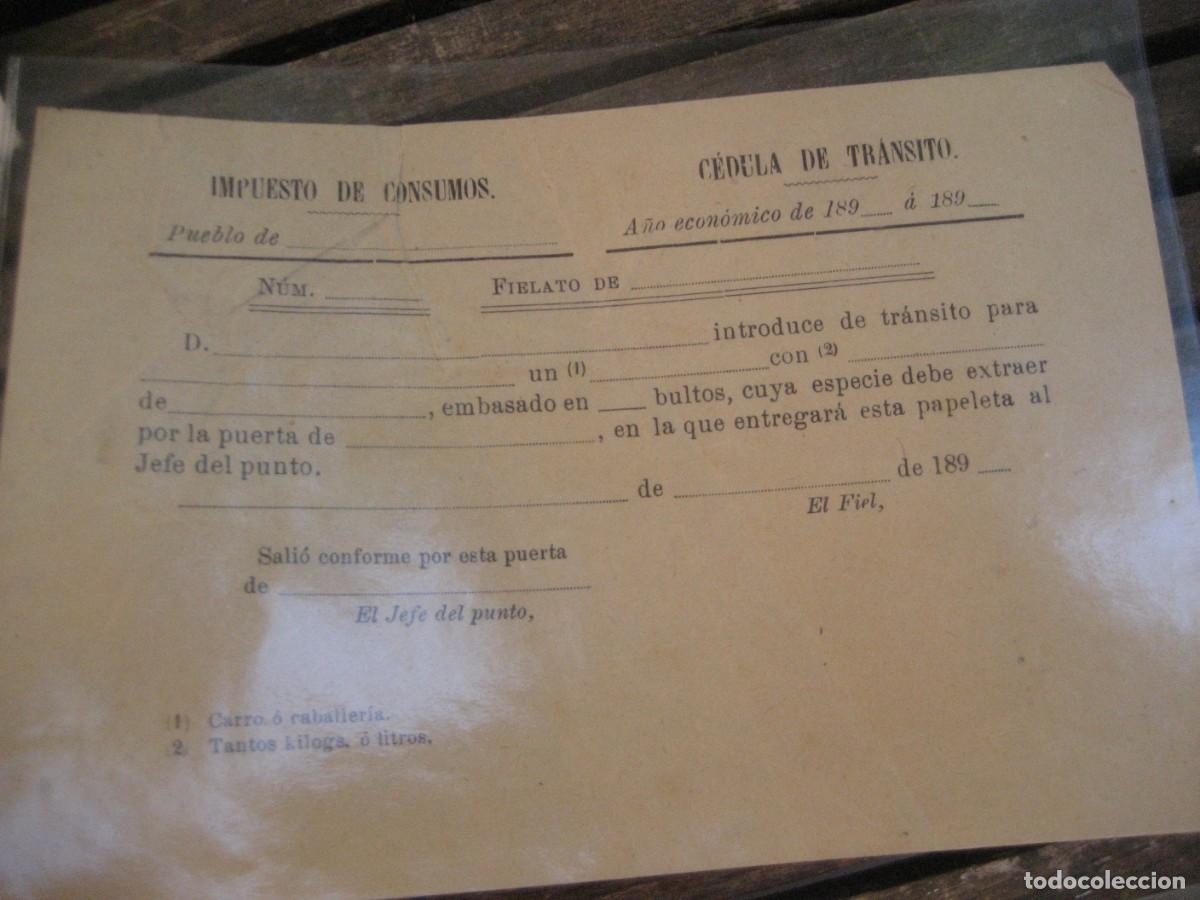 Documentos antiguos: antiguo documento plantilla . Impuesto de consumos . Cedula de transito 189...