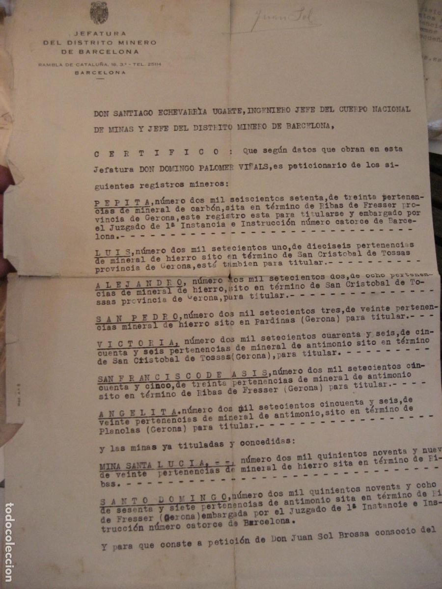 Documentos antiguos: Jefatura distrito minero barcelona . peticion de registros mineros 1946 minas