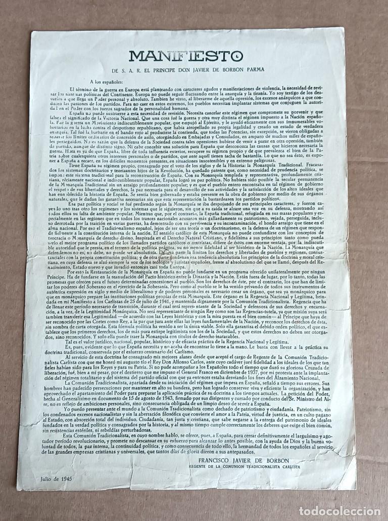 Documentos antiguos: MANIFIESTO de SAR pr&iacute;ncipe don Javier de Borb&oacute;n Parma - julio de 1945 CARLISTA