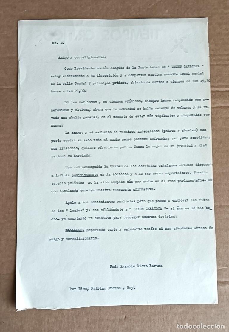 Documentos antiguos: Carta UNION CARLISTA Est&aacute; dispuesto a compartir sus locales &hellip;. &iquest;Barcelona? 1963