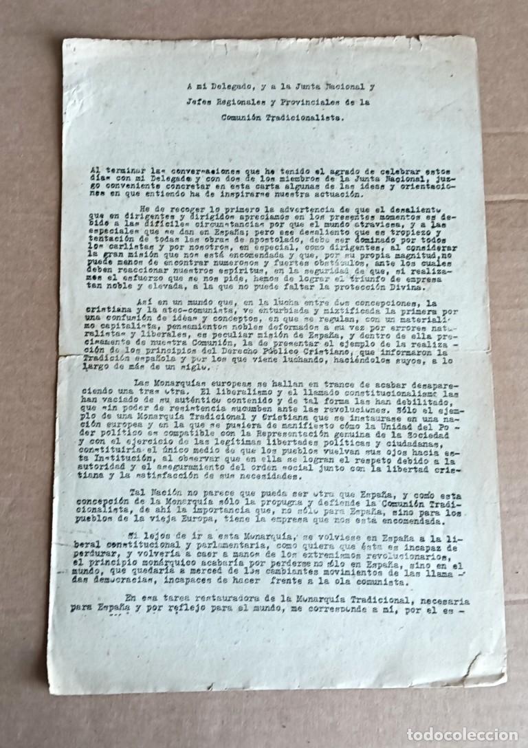 Documentos antiguos: CARTA CARLISTA a mi delegado, y a la Jefatura nacional y jefes regionales y provinciales 1949