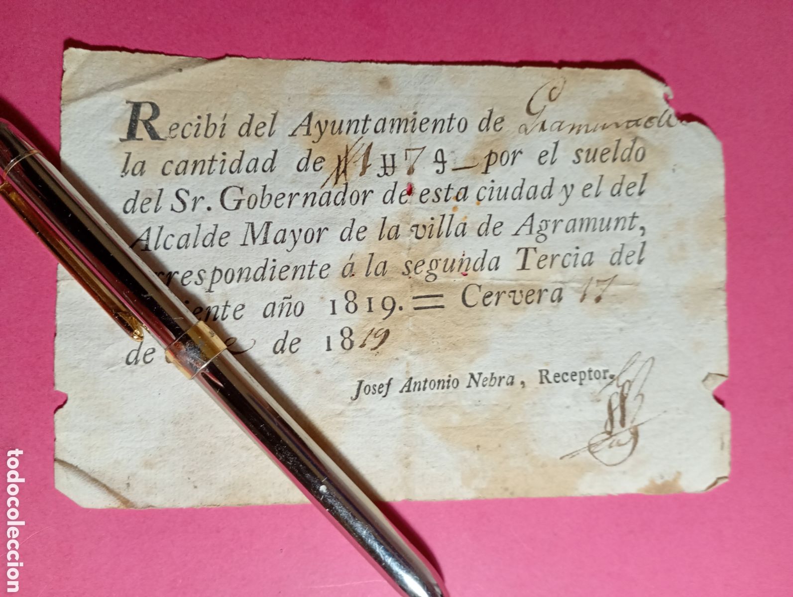Documentos antiguos: GRAMUNTELL 3 RECIBOS SUELDO GOBERNADOR Y ALCALDE MAYOR DE AGRAMUNT FIRMADOS EN CERVERA 1819/20