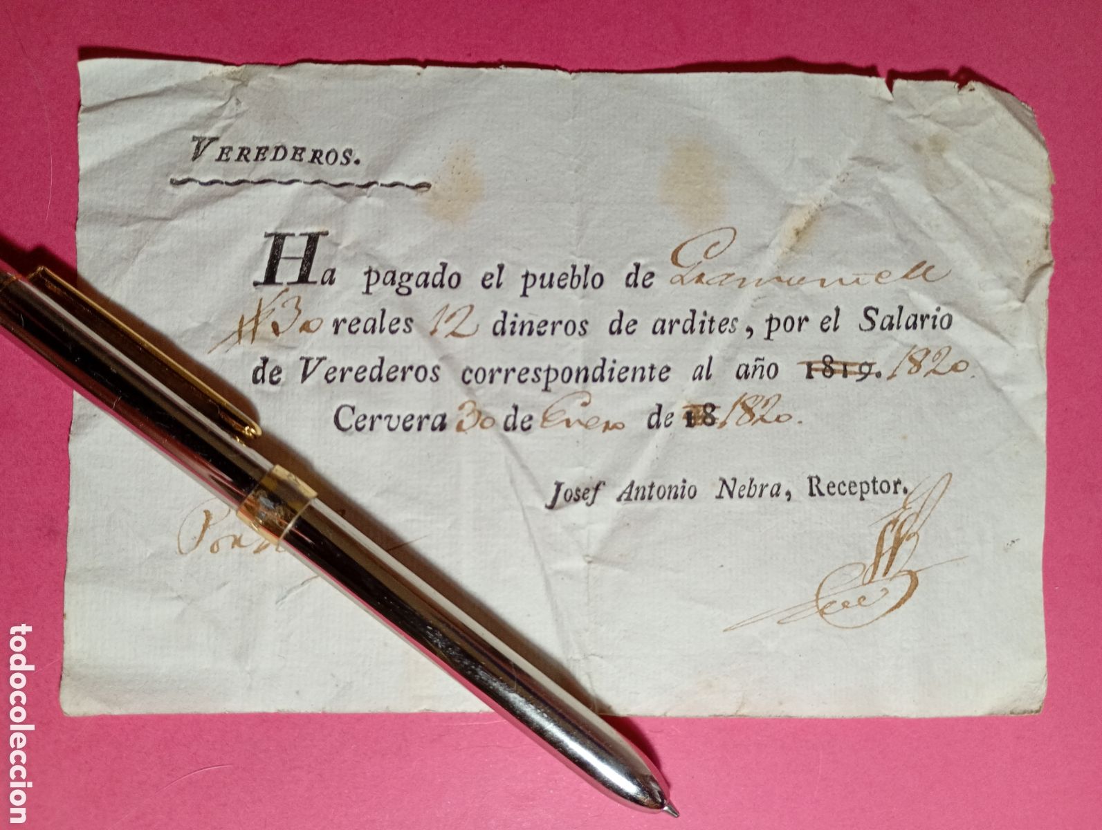 Documentos antiguos: GRAMUNTELL RECIBO SUELDO VEREDEROS FIRMADO JOSEF................. EN CERVERA 1820