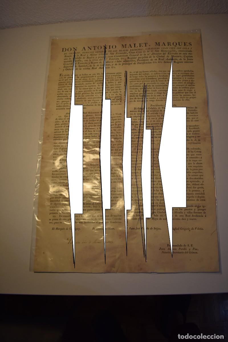 Documentos antiguos: Antonio Malet: enorme y raro edicto sobre plater&iacute;a y joyer&iacute;a. A&ntilde;o 1819. Mide 59 x 39 cm.