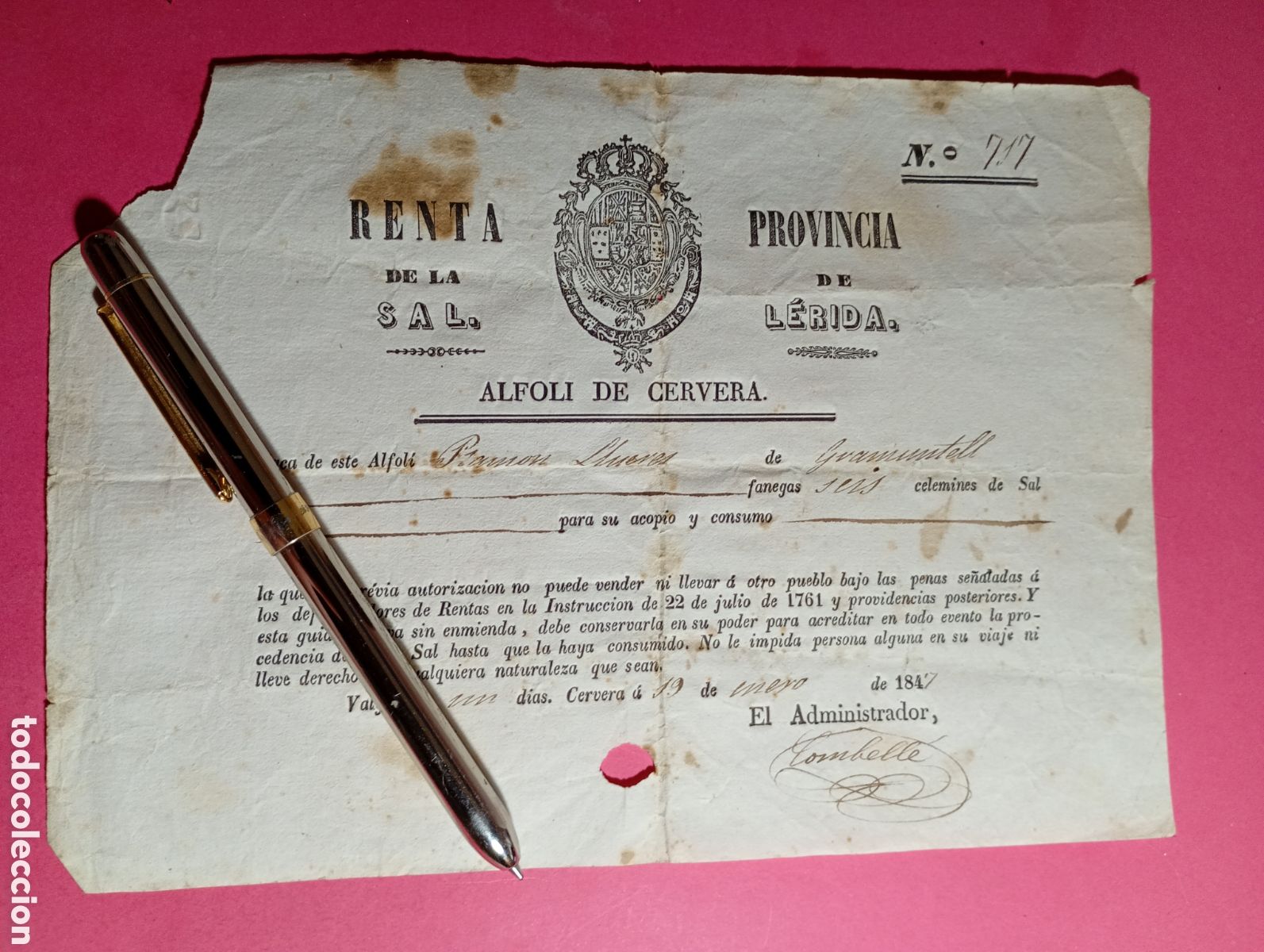 Documentos antiguos: gramuntell 9 recibos/pasaporte de retiradas de sal del alfol&iacute; (dep&oacute;sito)de cervera 1847/679