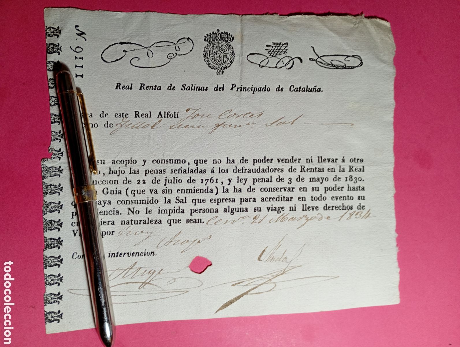 Documentos antiguos: GERRI DE LA SAL (dudas), las firmas en CERVERA REAL RENTA DE SALINAS DEL PRINCIPADO DE CATALU&Ntilde;A 1834