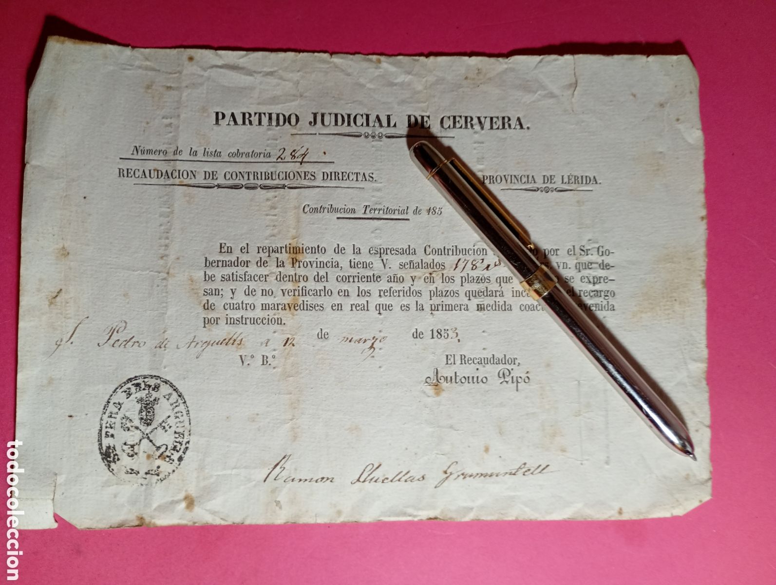 Documentos antiguos: CERVERA PARTIDO JUDICIAL RECAUDACION CONTRIBUCIONES DIRECTAS S. PEDRO ARQUELLS 12/3/1853