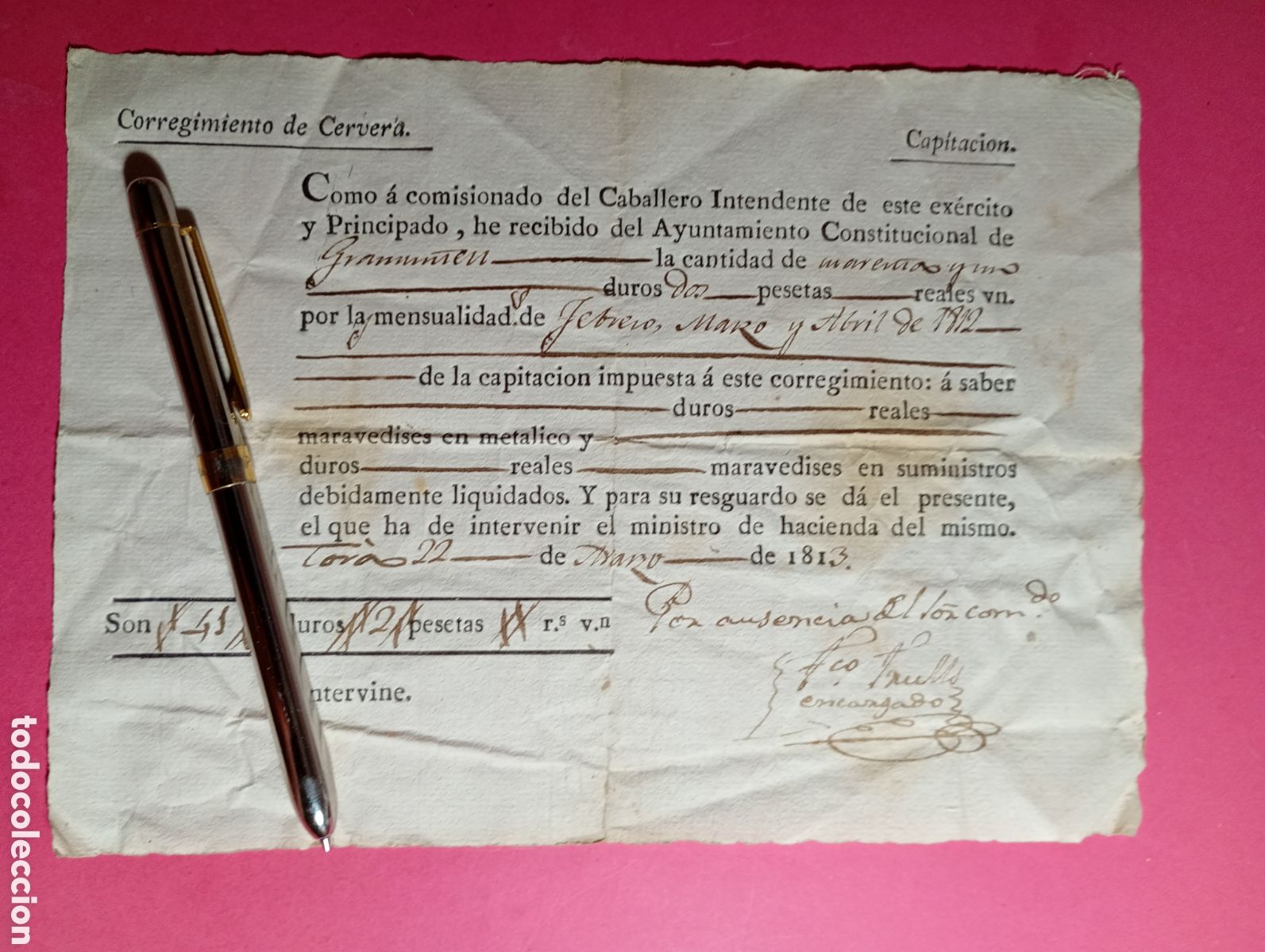 Documentos antiguos: CERVERA EL COMISIONADO DEL CABALLERO INTENDENTE RECIBE D AYTO. GRAMUNTELL CAPACITACI&Oacute;N IMPUESTA 1813